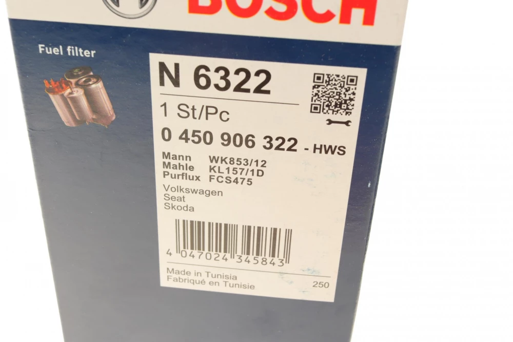 BOSCH N6322 H=200mm фільтр паливний диз. (з підогр.2 труб.) VW 1,4/1,9 SKODA Fabia 1,9SDI 99- SEAT 1,4/1,9D: Cordoba, Ibiza 01- (переоце