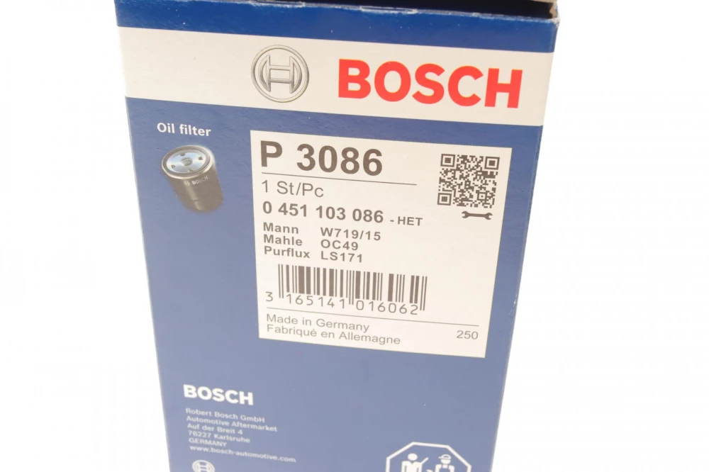 BOSCH ,P3086 H=123mm фільтр масляний BMW 2,0-2,7: E30/28/34