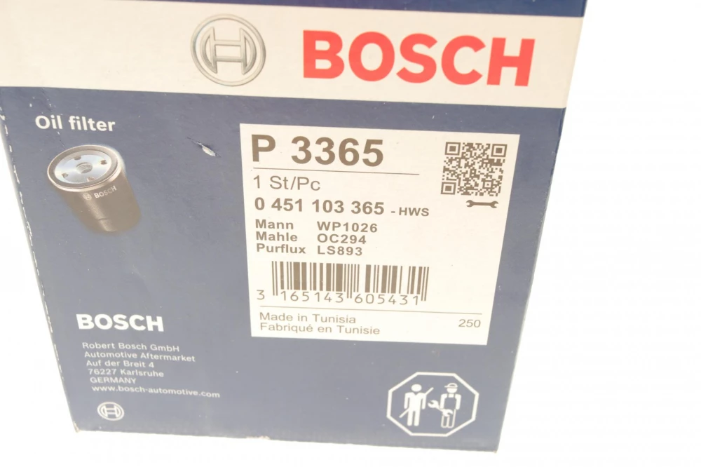 BOSCH P3365 H=98mm фільтр масляний TOYOTA Avensis 2,0D 97-, Corolla 2,0D 96-