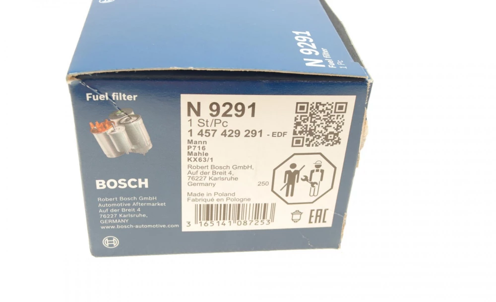 BOSCH ,N9291 H=60mm фільтр паливний диз. вкладиш CITROEN 1,9/2,1D: Jumpy, ZM PEUGEOT Partner FIAT Scudo